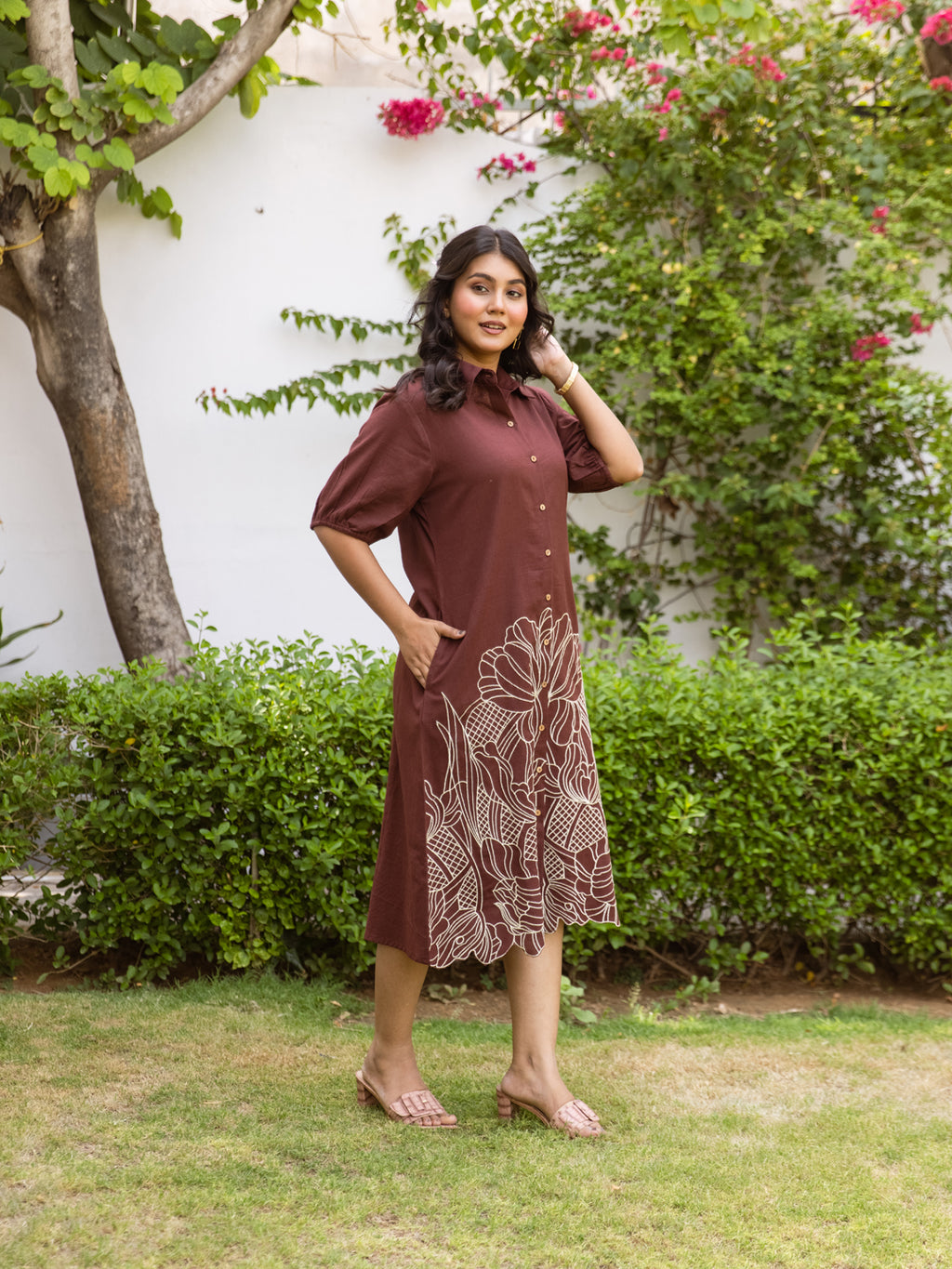 Zummer Women Brown Embroidered Cotton Midi Shirt Dress
