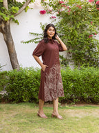 Zummer Women Brown Embroidered Cotton Midi Shirt Dress