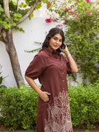 Zummer Women Brown Embroidered Cotton Midi Shirt Dress