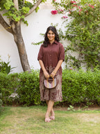 Zummer Women Brown Embroidered Cotton Midi Shirt Dress