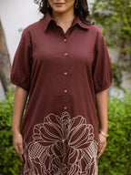 Zummer Women Brown Embroidered Cotton Midi Shirt Dress