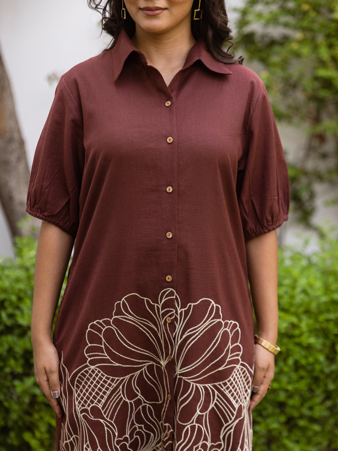 Zummer Women Brown Embroidered Cotton Midi Shirt Dress