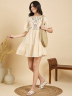 Beige Embroidered Short Tiered Dress