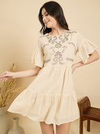 Beige Embroidered Short Tiered Dress