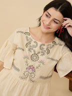Beige Embroidered Short Tiered Dress