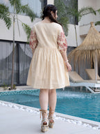 Cream Embroidered Puff Sleeve Short Dress