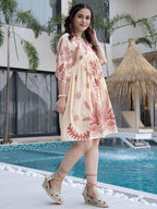 Cream Embroidered Puff Sleeve Short Dress