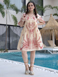 Cream Embroidered Puff Sleeve Short Dress