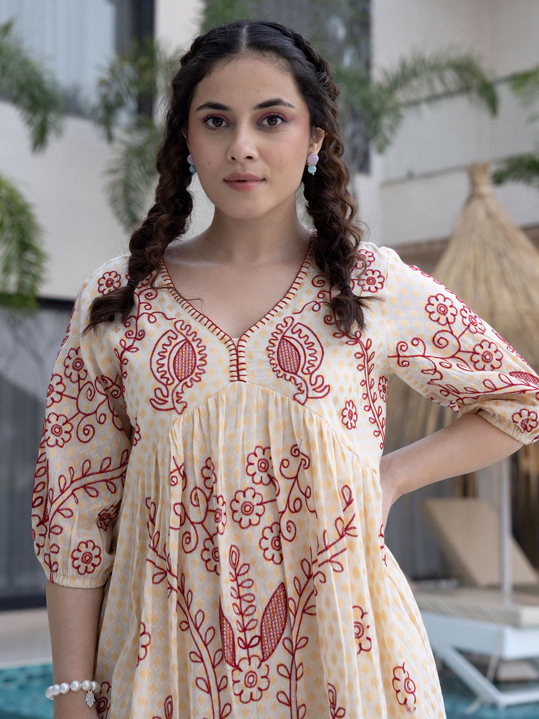 Cream Embroidered Puff Sleeve Short Dress