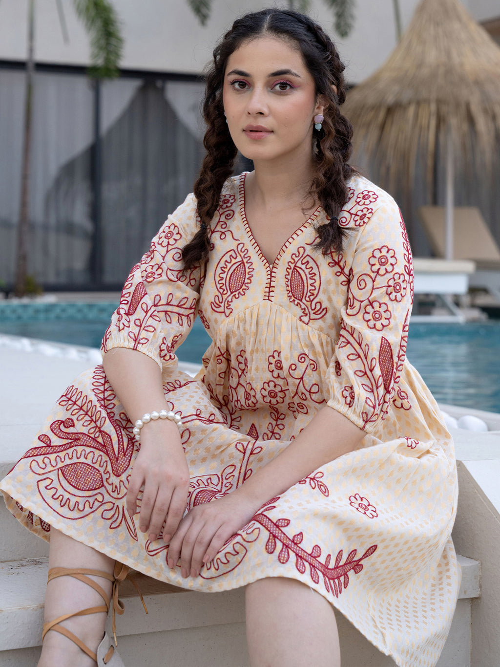 Cream Embroidered Puff Sleeve Short Dress