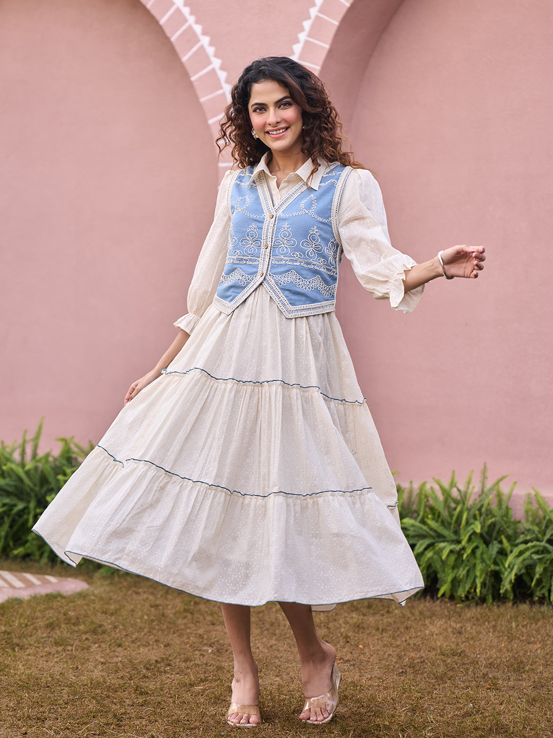 Zummer Embroidered Midi Dress with Jacket – Off White Fit & Flare Set