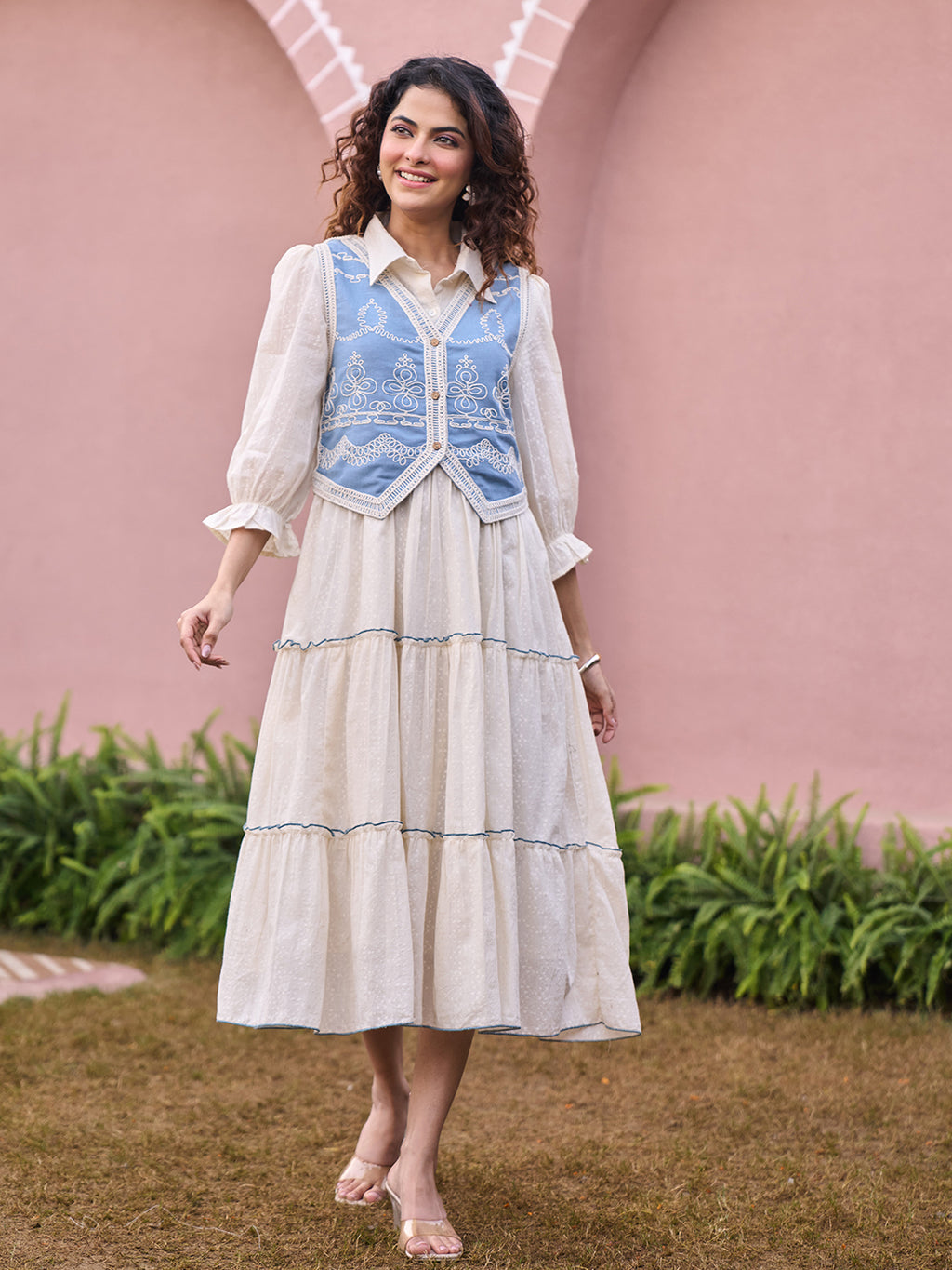 Zummer Embroidered Midi Dress with Jacket – Off White Fit & Flare Set