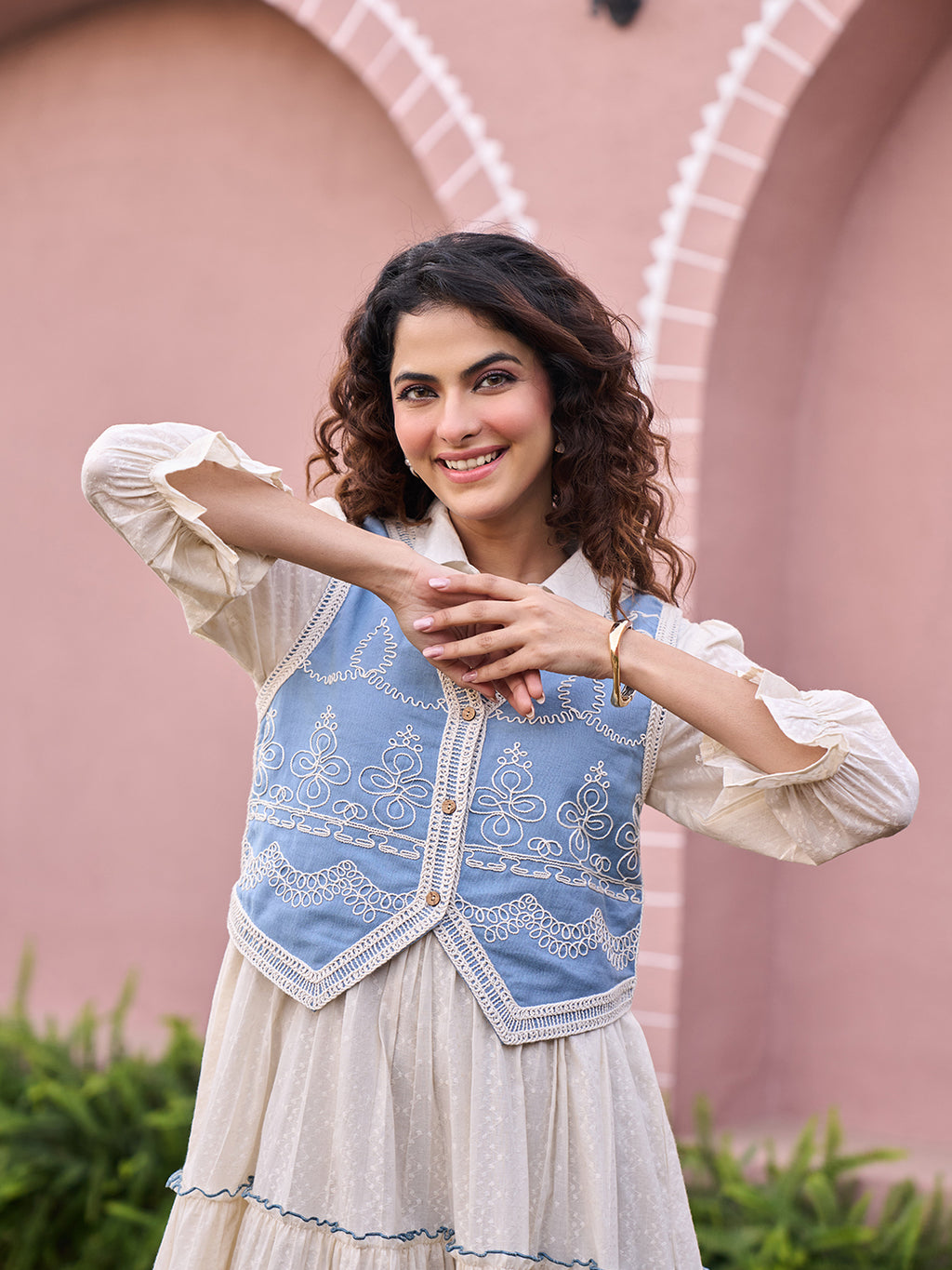 Zummer Embroidered Midi Dress with Jacket – Off White Fit & Flare Set