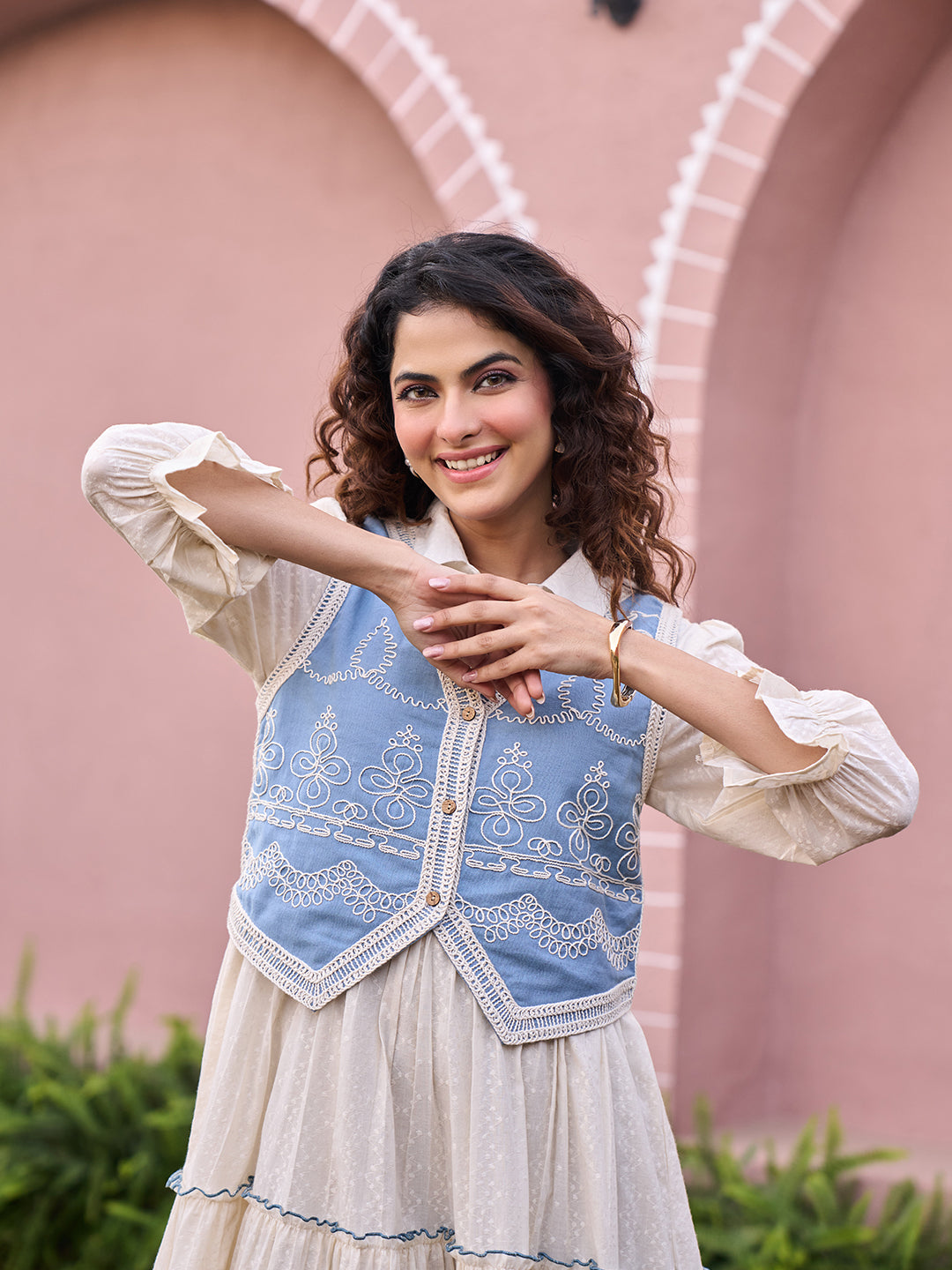 Zummer Embroidered Midi Dress with Jacket – Off White Fit & Flare Set