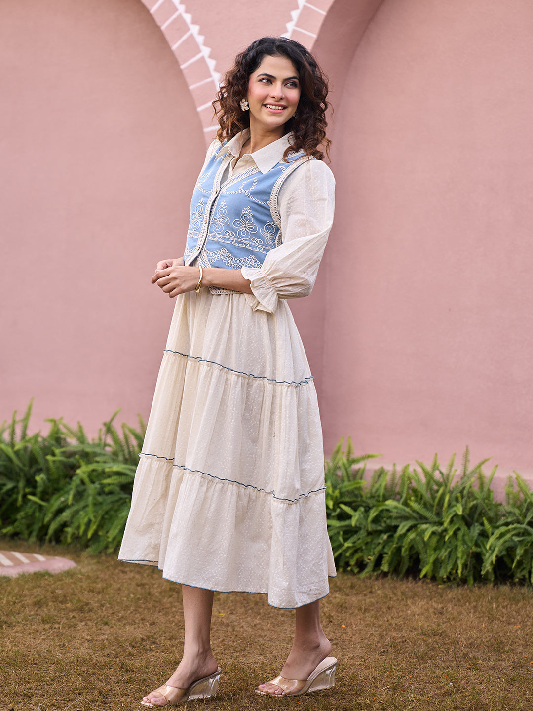 Zummer Embroidered Midi Dress with Jacket – Off White Fit & Flare Set