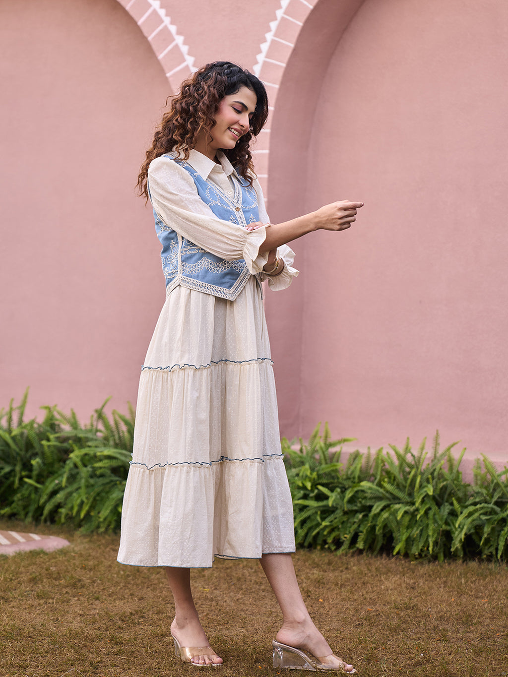 Zummer Embroidered Midi Dress with Jacket – Off White Fit & Flare Set