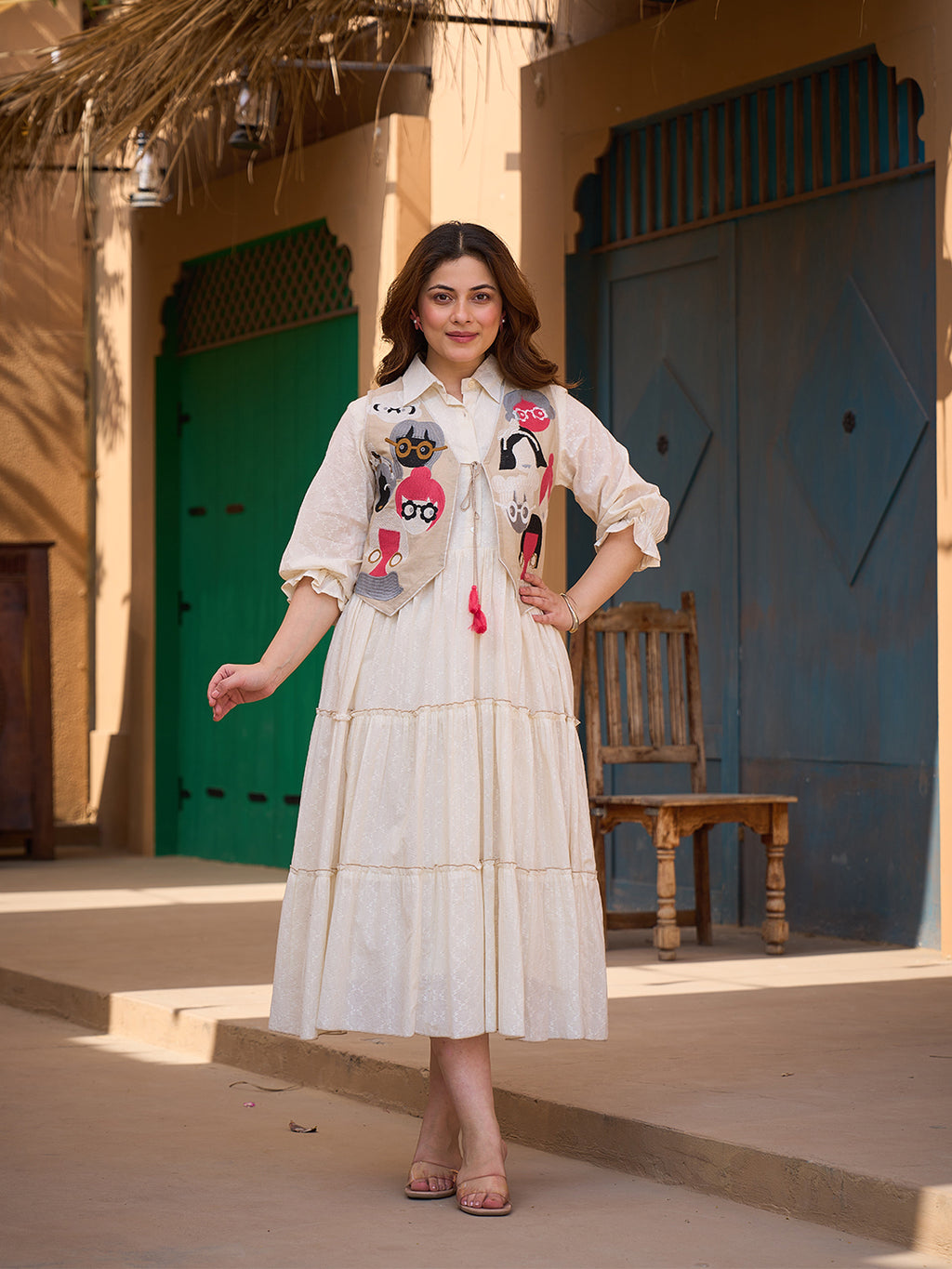 Zummer Women Cream Embroidered Cotton Midi Dress