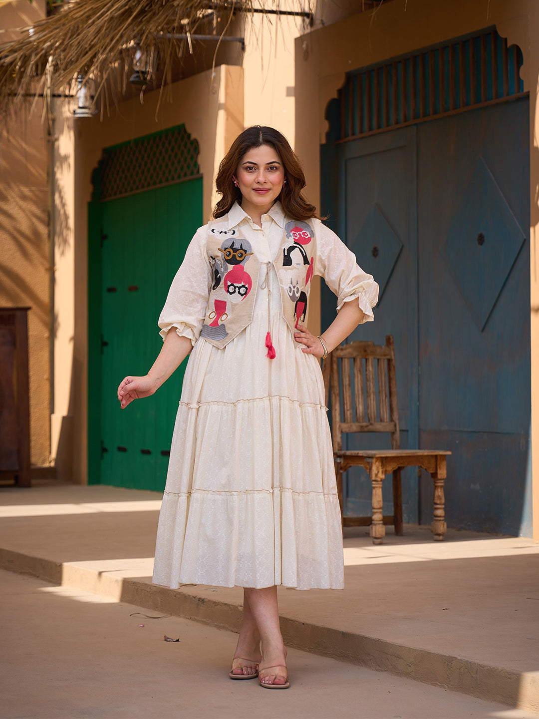 Zummer Women Cream Embroidered Cotton Midi Dress