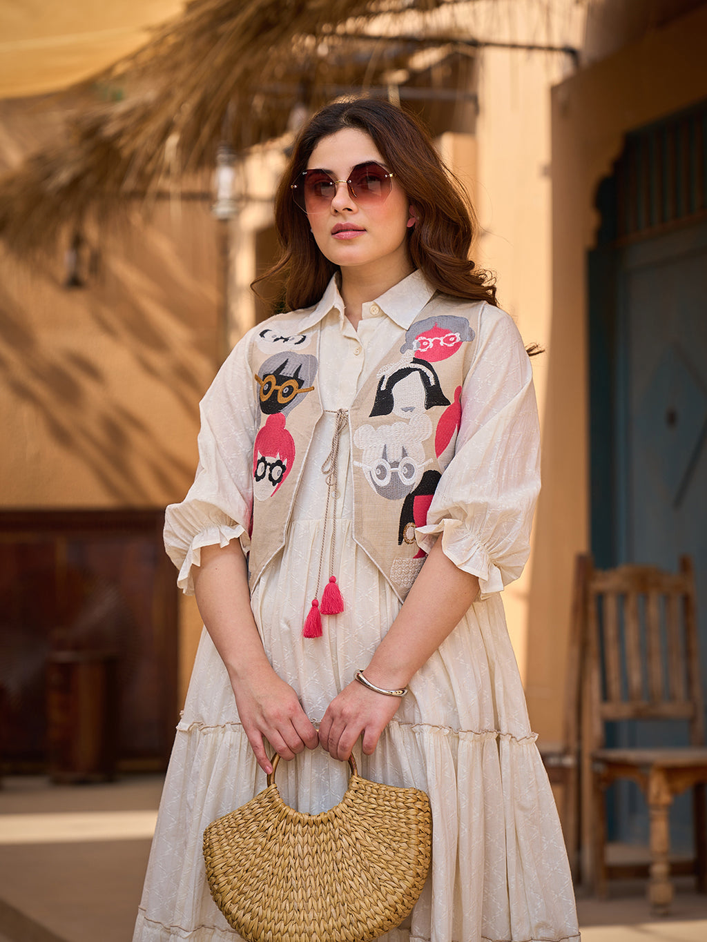 Zummer Women Cream Embroidered Cotton Midi Dress