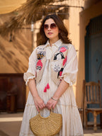 Zummer Women Cream Embroidered Cotton Midi Dress