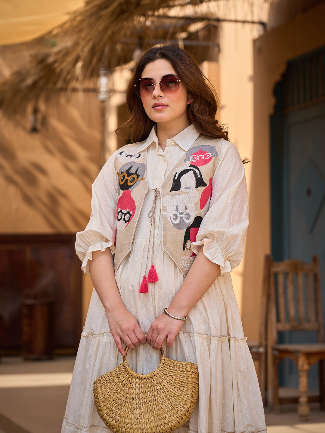 Zummer Women Cream Embroidered Cotton Midi Dress