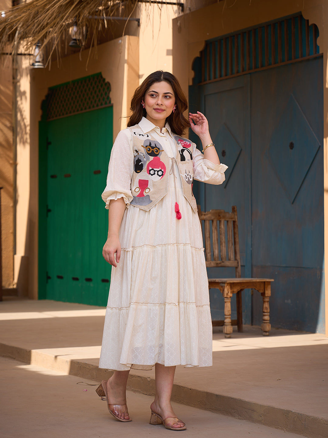 Zummer Women Cream Embroidered Cotton Midi Dress