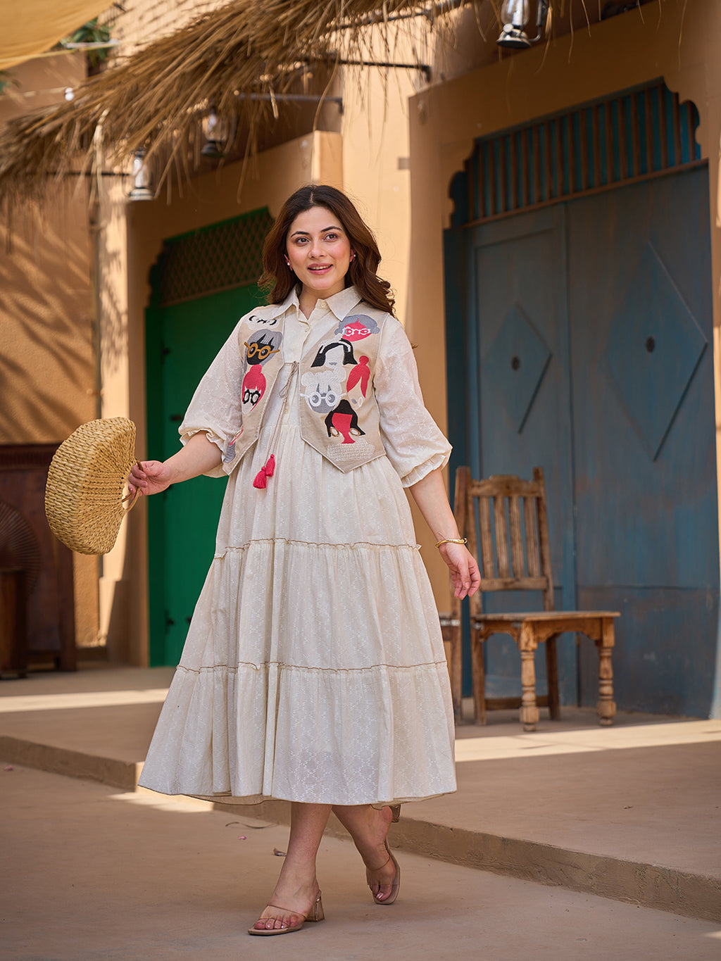 Zummer Women Cream Embroidered Cotton Midi Dress
