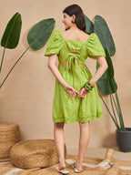 Green Cotton Self Design Fit and Flare Short Dress with Puff Sleeves