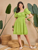 Green Cotton Self Design Fit and Flare Short Dress with Puff Sleeves