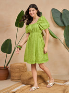 Green Cotton Self Design Fit and Flare Short Dress with Puff Sleeves