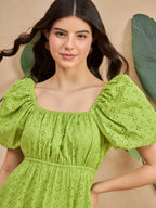 Green Cotton Self Design Fit and Flare Short Dress with Puff Sleeves