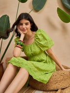 Green Cotton Self Design Fit and Flare Short Dress with Puff Sleeves