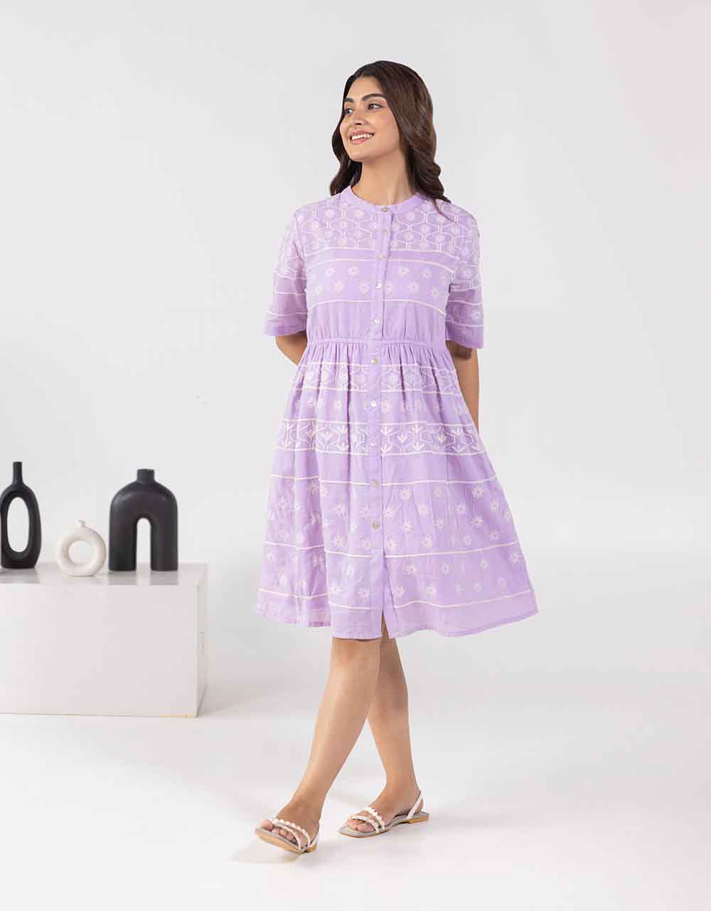 Lavender Embroidered A-Line Dress