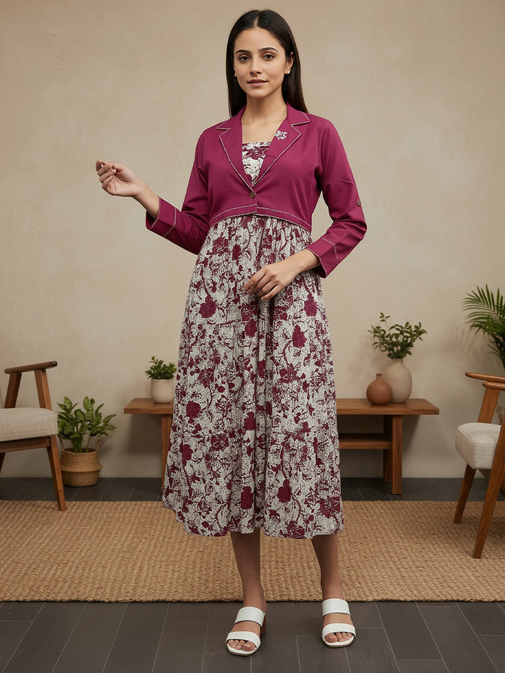 Cotton Magenta Printed Fit And Flare Midi Dress with Embroidered Jacket