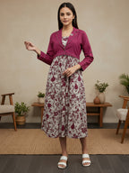 Cotton Magenta Printed Fit And Flare Midi Dress with Embroidered Jacket