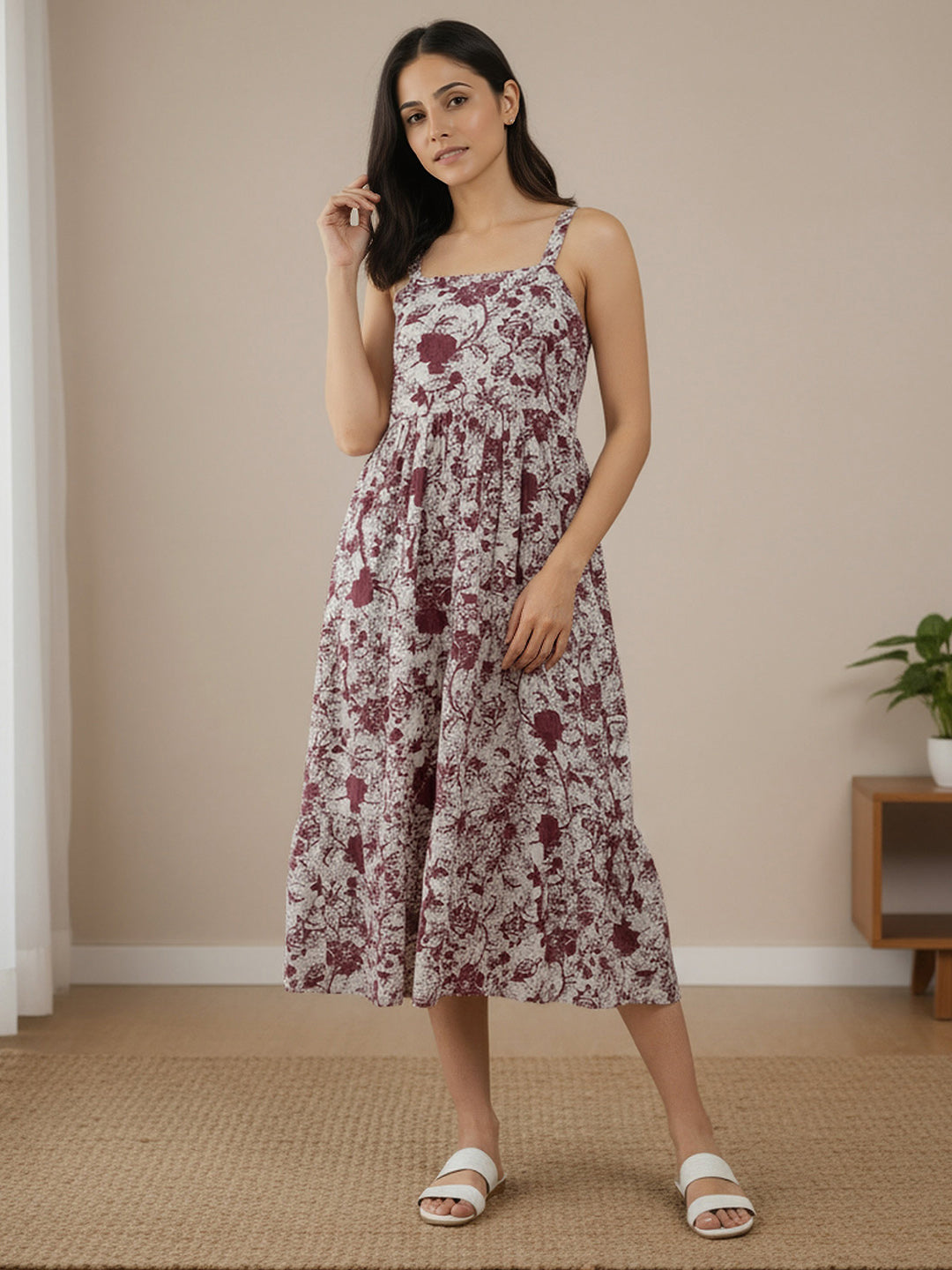 Cotton Magenta Printed Fit And Flare Midi Dress with Embroidered Jacket