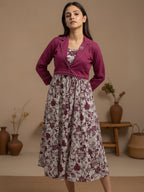 Cotton Magenta Printed Fit And Flare Midi Dress with Embroidered Jacket
