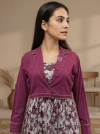 Cotton Magenta Printed Fit And Flare Midi Dress with Embroidered Jacket