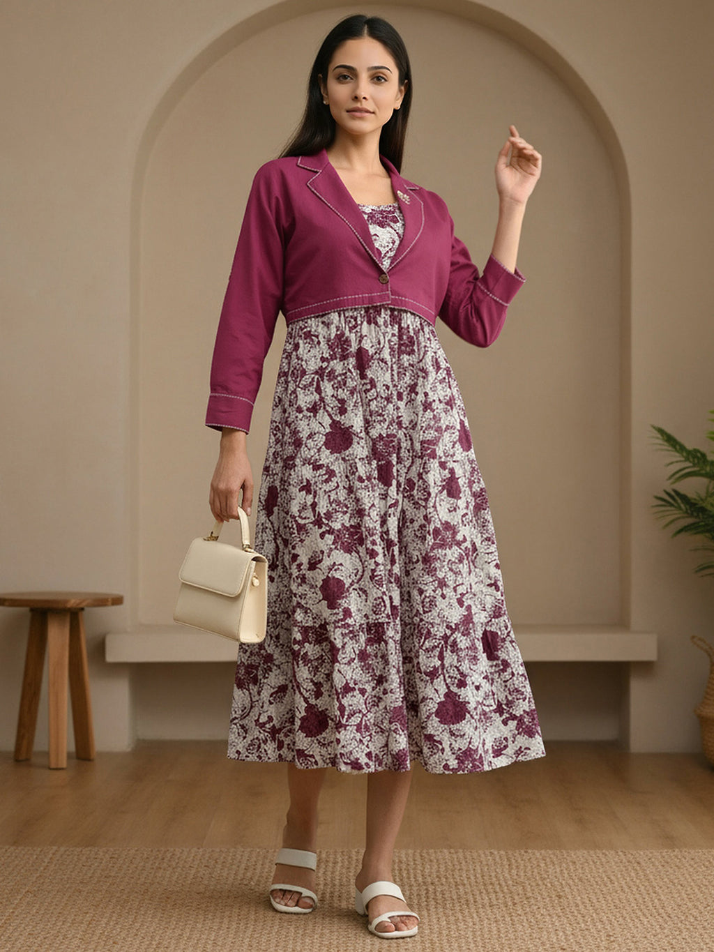 Cotton Magenta Printed Fit And Flare Midi Dress with Embroidered Jacket
