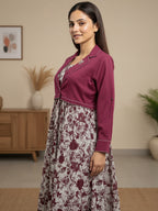 Cotton Magenta Printed Fit And Flare Midi Dress with Embroidered Jacket