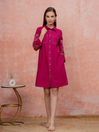 Zummer Embroidered Knee-Length Dress – Magenta Floral Shirt Dress
