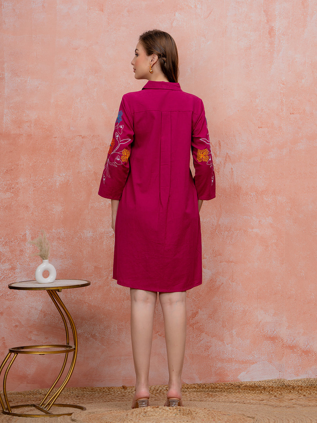 Zummer Embroidered Knee-Length Dress – Magenta Floral Shirt Dress