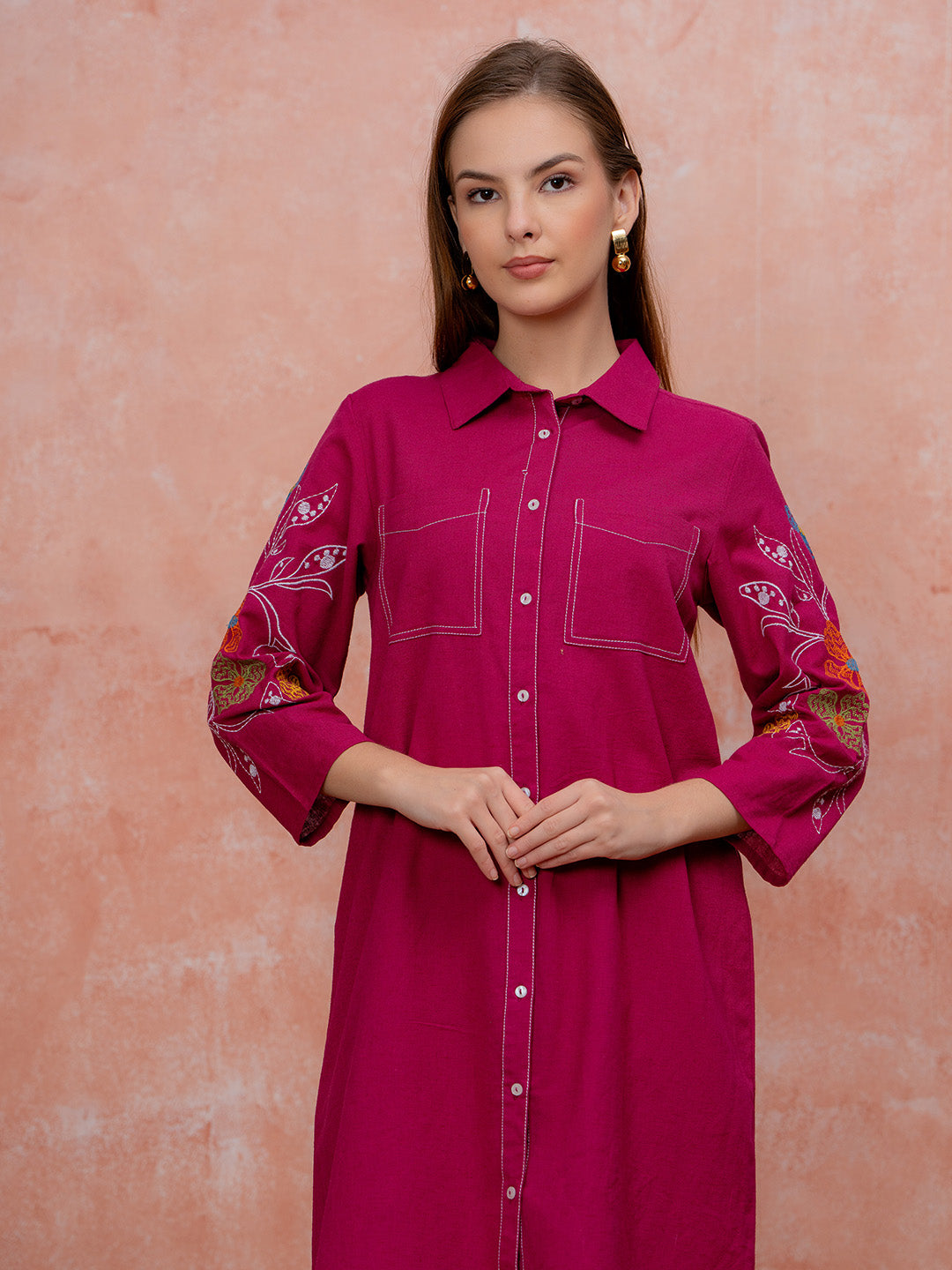 Zummer Embroidered Knee-Length Dress – Magenta Floral Shirt Dress