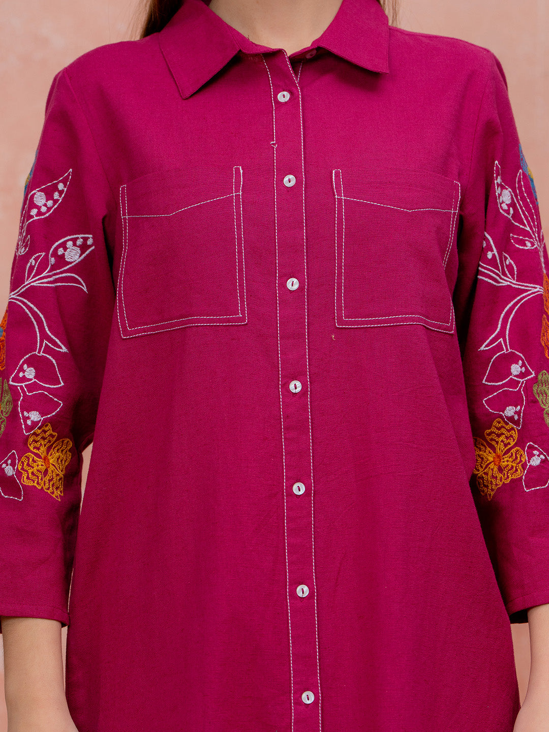 Zummer Embroidered Knee-Length Dress – Magenta Floral Shirt Dress