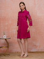 Zummer Embroidered Knee-Length Dress – Magenta Floral Shirt Dress