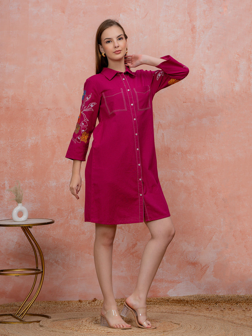 Zummer Embroidered Knee-Length Dress – Magenta Floral Shirt Dress