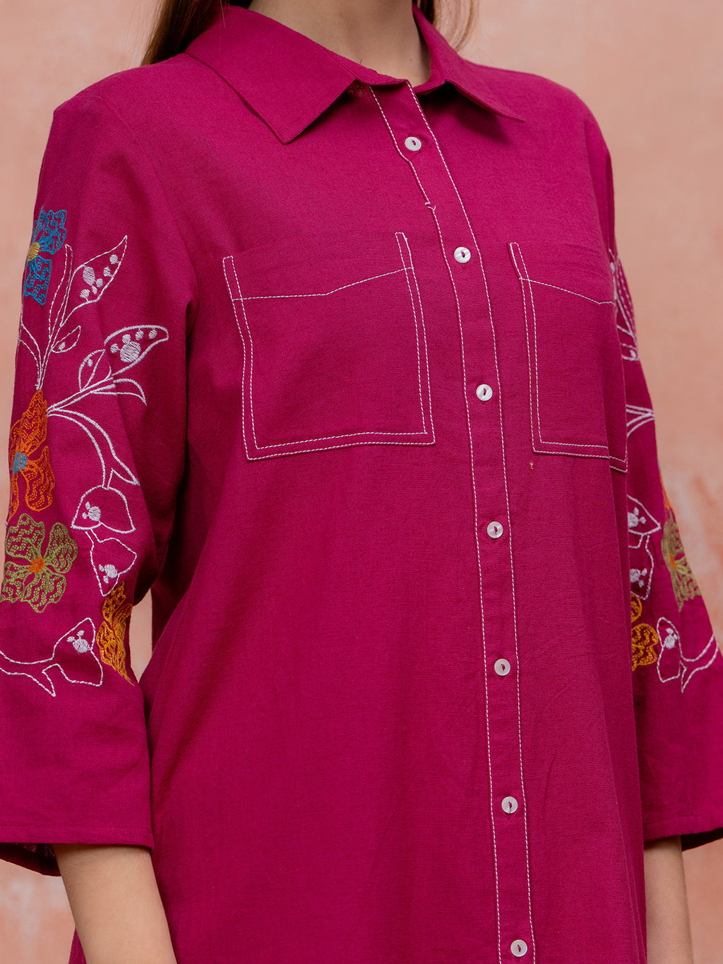 Zummer Embroidered Knee-Length Dress – Magenta Floral Shirt Dress