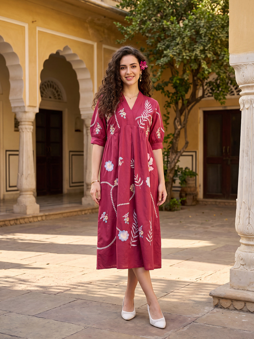 Zummer Women’s Magenta Floral Embroidered Empire Midi Dress with Puff Sleeves