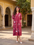 Zummer Women’s Magenta Floral Embroidered Empire Midi Dress with Puff Sleeves