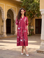 Zummer Women’s Magenta Floral Embroidered Empire Midi Dress with Puff Sleeves